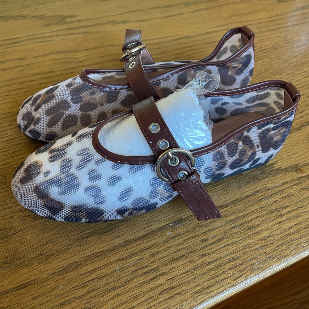 Girls Leopard Print Mary Jane Flats with Brown Trim- buckle and mesh cheetah